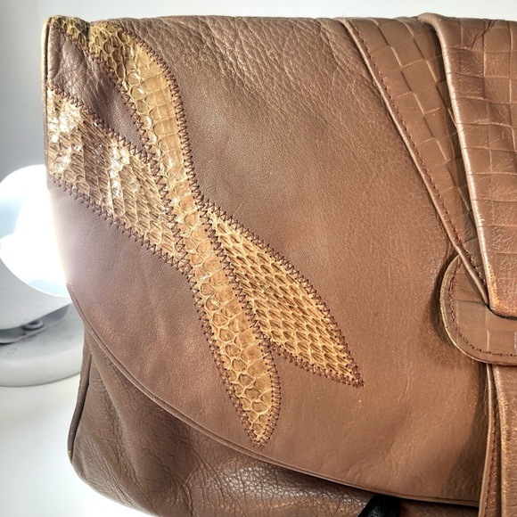 VINTAGE 1980’s LEATHER & SNAKE SKIN LG TAN CLUTCH PURSE Granny Core Y2K Retro - Picture 11 of 12